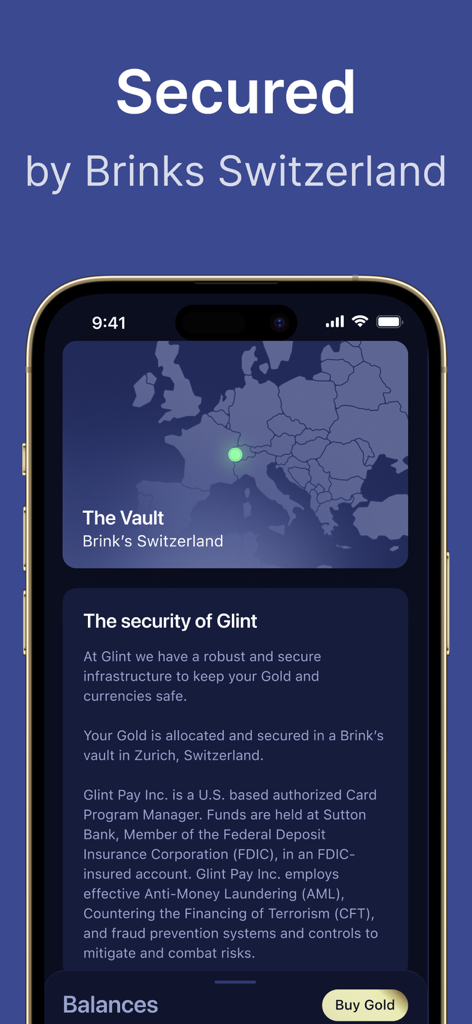 Glint mobile app screen displaying physical gold security details and Swiss vault location