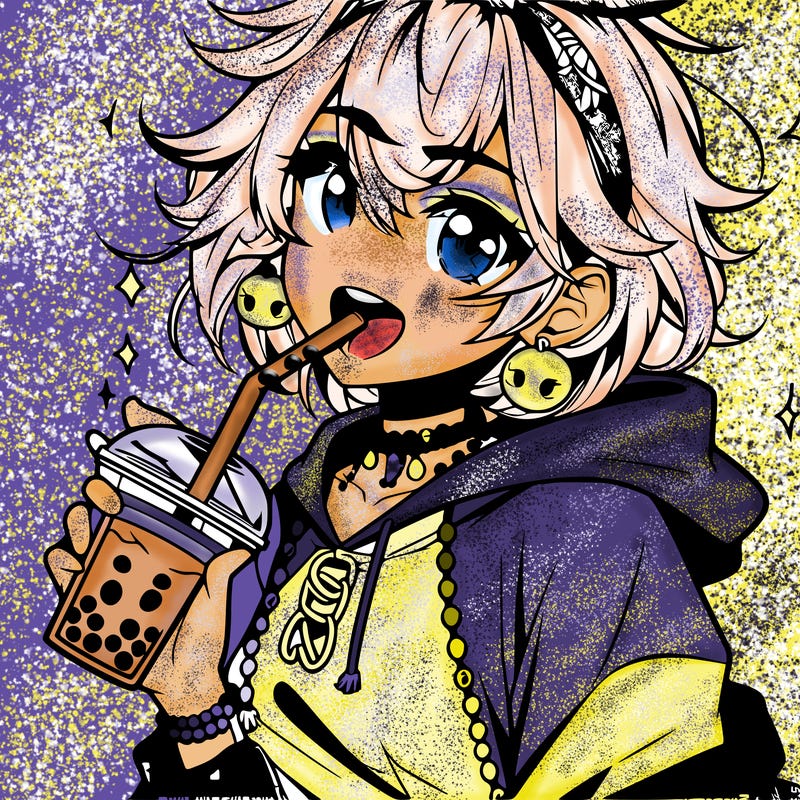 hot baddie anime girl drinking boba and biting the straw