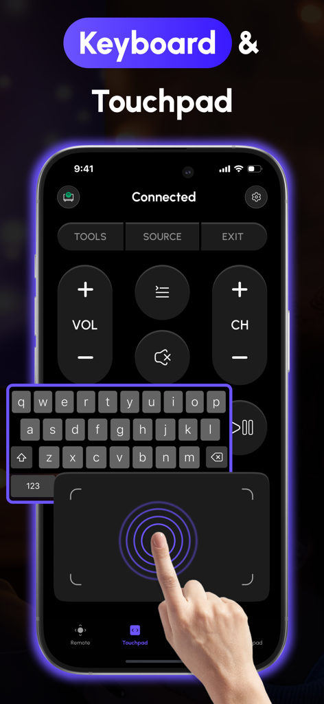 Universal TV Remote Control ‎ - Pantalla de smartphone mostrando la interfaz de teclado y touchpad de la aplicación Control Remoto Universal de TV.