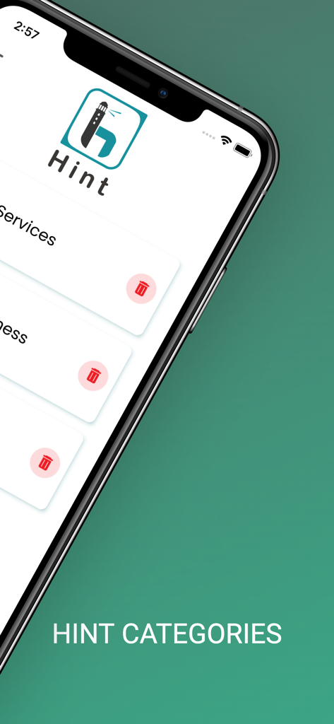 Hint App - Partner - Interfaz de la aplicación Hint Partner que muestra la gestión de categorías de negocios en un dispositivo móvil