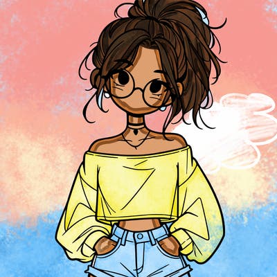 girl with a messy ponytail glasses a baggy crop top and jean shorts