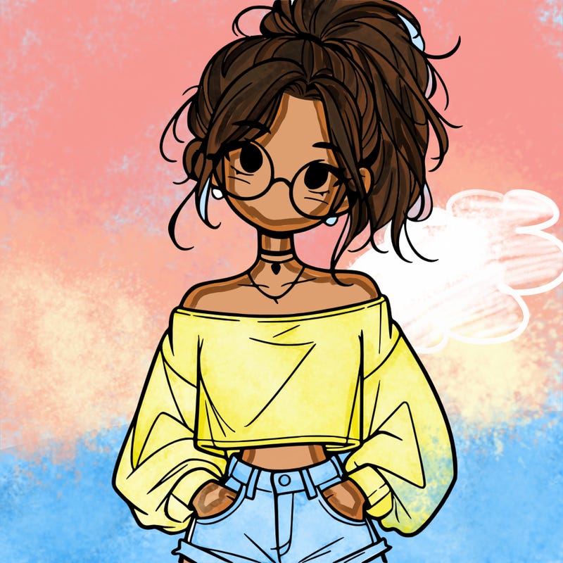 girl with a messy ponytail glasses a baggy crop top and jean shorts