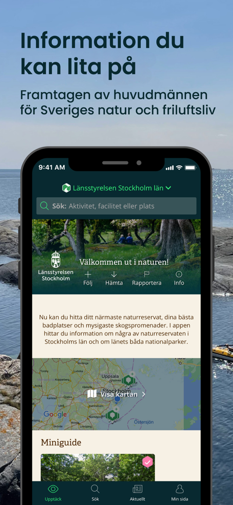 Tela de celular mostrando o aplicativo Naturkartan com informações oficiais sobre a natureza de Estocolmo