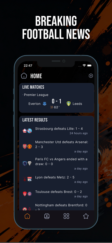 Foot Live Score: News & Videos - Startbildschirm der App mit Live-Fußballergebnissen und den neuesten Spielergebnissen verschiedener Ligen