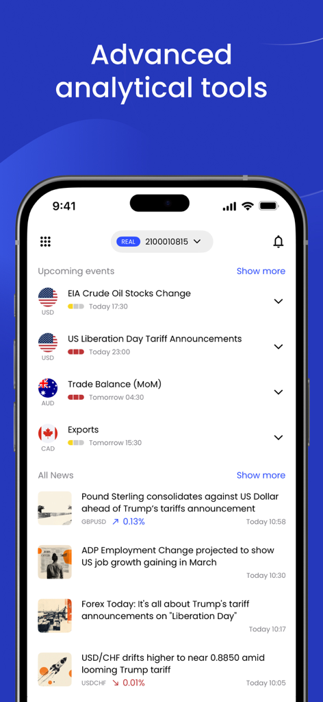 JustMarkets mobile app interface showing a list of upcoming economic events and a financial news feed.