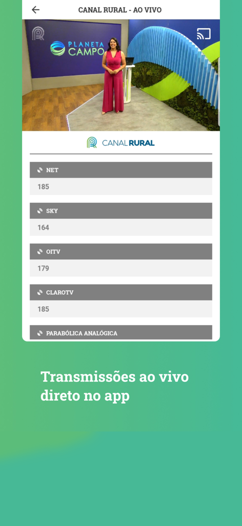 Lance Rural - Smartphone screen displaying a live agribusiness broadcast on the Lance Rural app with TV channel listings for livestock auctions.