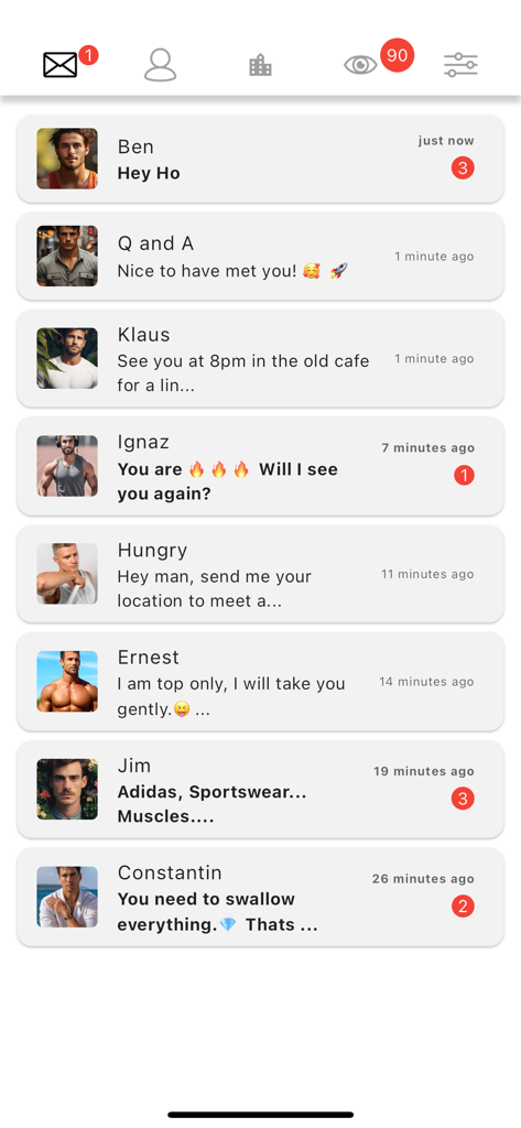 A screenshot of the chat inbox in the myBOY app showing a list of recent messages from various profiles.
