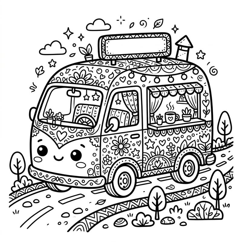 Embark on a delightful creative journey with this detailed Kawaii food truck coloring page, designed specifically to capture the imagination of teens. Its charming character and intricate patterns promise hours of engaging artistic fun.