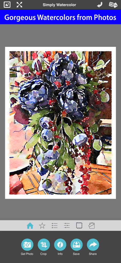 Interface de l'application Simply Watercolor montrant une peinture aquarelle numérique de fleurs créée à partir d'une photo.