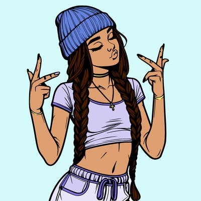 realistic teenage girl with braids and a beanie and crop top doing 🫶🏼