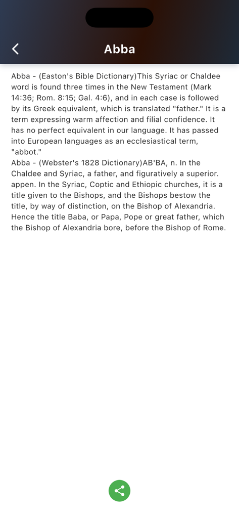 Santa Biblia Catolica Romana - Captura de pantalla de la entrada del diccionario bíblico para la palabra Abba en la aplicación Santa Biblia Católica Romana