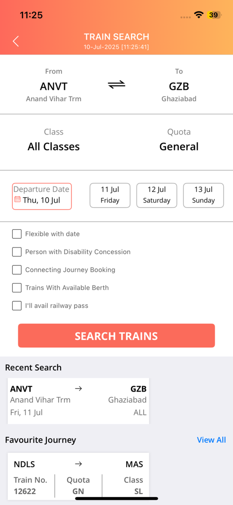IRCTC Rail Connect app train search interface showing route selection and date options