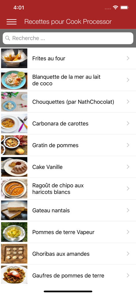 Aplicação Recettes Cook mostrando uma lista de receitas francesas para o KitchenAid Cook Processor