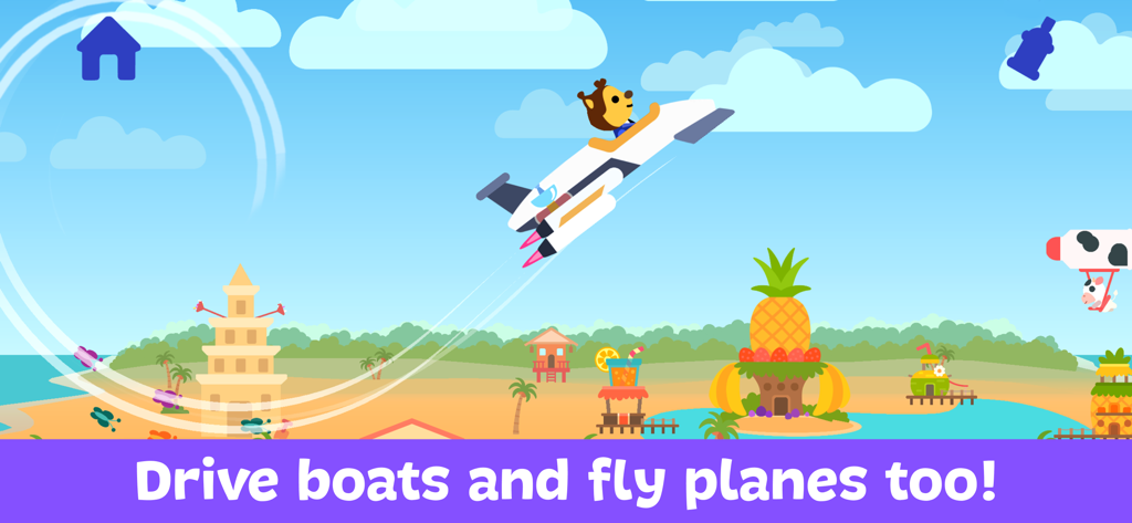 Ein Cartoon-Tier fliegt ein weißes Raketenflugzeug über einen tropischen Strand mit einem Ananashaus und einer Sandburg.