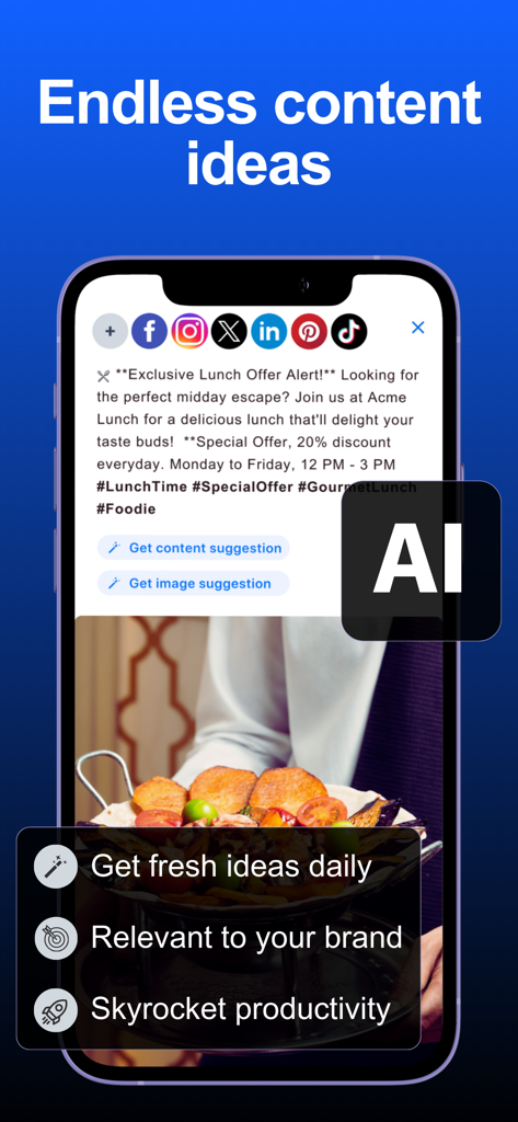 Hookle: Social Media Manager - Hookle app interface showcasing AI powered social media post ideas and content suggestions for small businesses