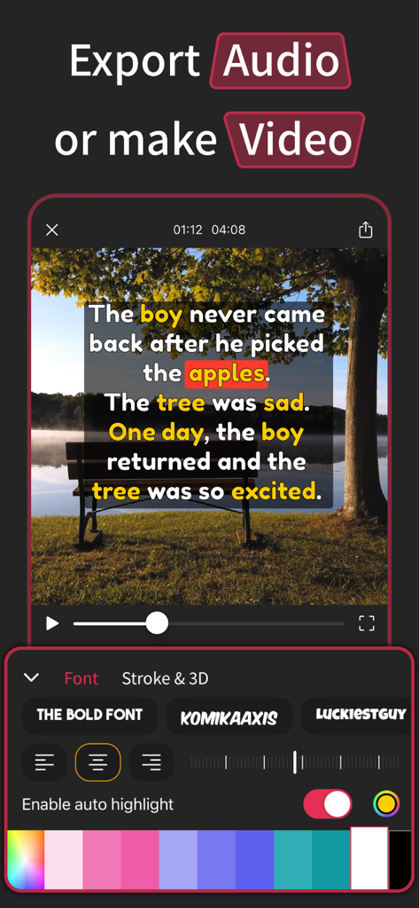 AI Voice Generator Video Maker - AI動画メーカーアプリのインターフェース。単語のハイライトとフォントカスタマイズオプションを備えたテキスト読み上げストーリーが表示されています。