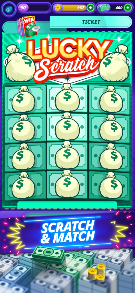 Coin Pusher Vegas Maniaのラッキースクラッチ＆マッチミニゲームインターフェース。マネーバッグが表示されています