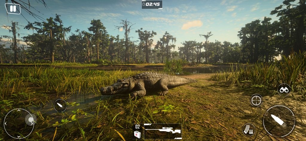 Deer Hunter Hunting Simulator - First-person gameplay showing a crocodile in a swamp landscape with hunting game controls