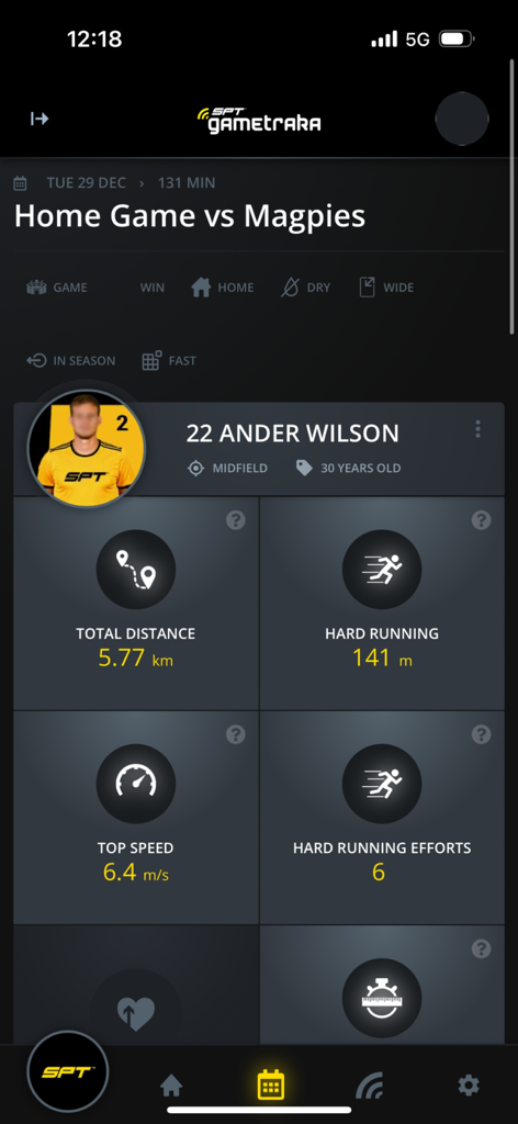 GameTraka - GameTraka app interface displaying player performance metrics including total distance and top speed