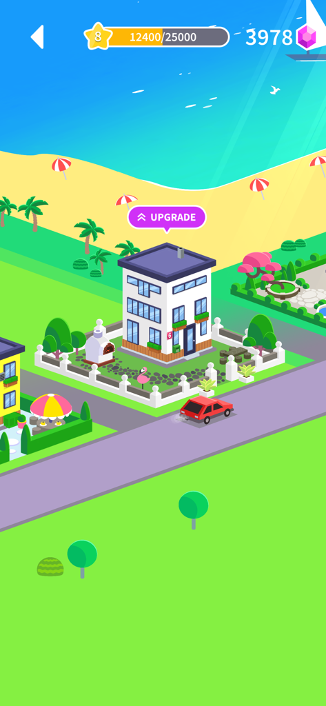 House Paint - Colorful cartoon house in a neighborhood by the beach with an upgrade button