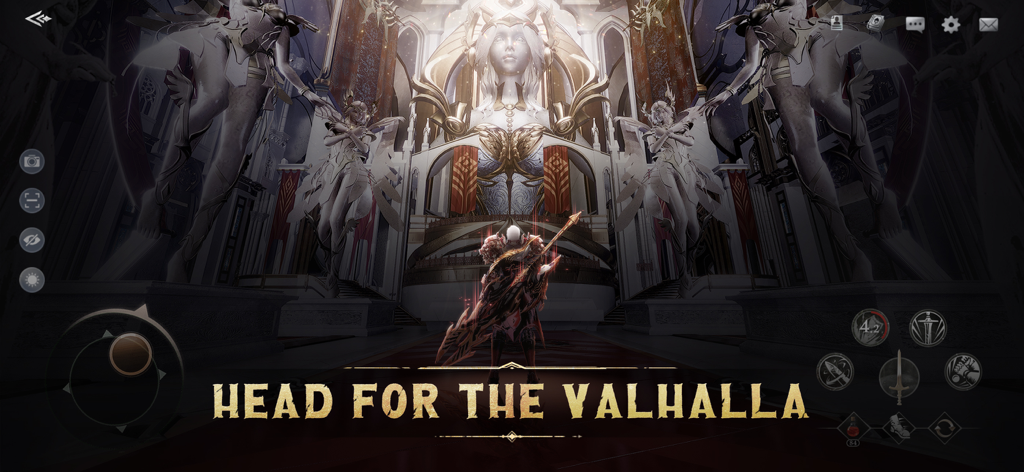 Ein Krieger steht in einer prunkvollen Tempelhalle im Spiel Flame of Valhalla Global