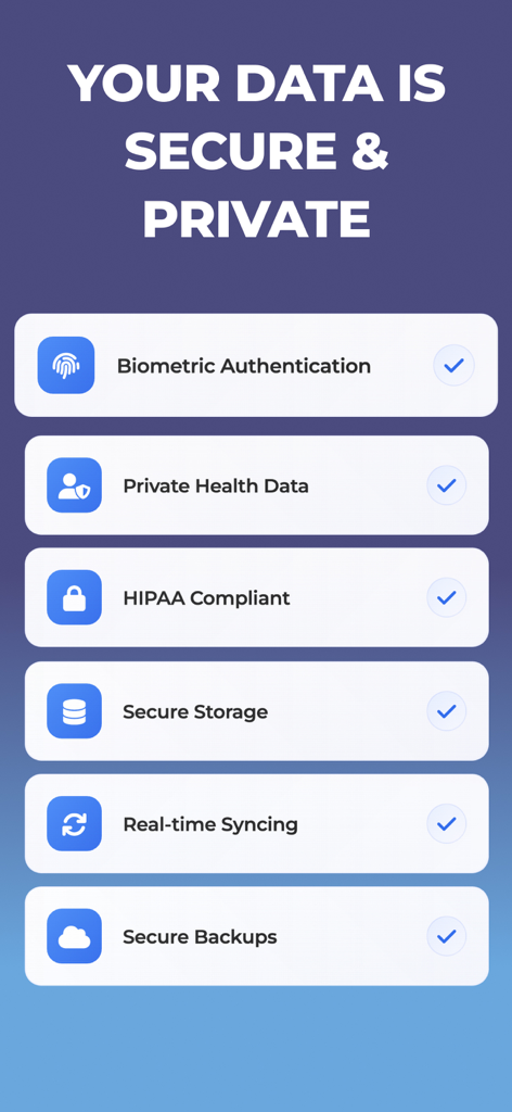 Mood Tracker Journal - Mood Tracker Journal app screen displaying data security and privacy features including HIPAA compliance and biometric authentication