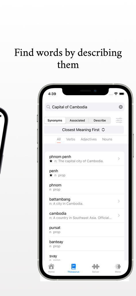 OneLook Thesaurus - OneLook Thesaurus app interface showing a reverse dictionary search for the capital of Cambodia