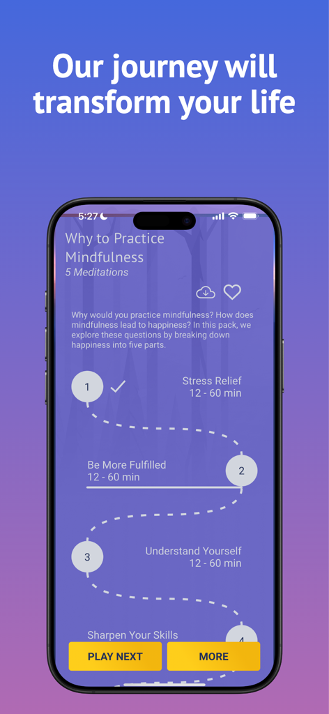 Guided meditation roadmap in the Brightmind app showing steps for personal transformation.