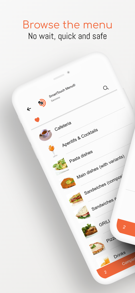 Smartphone screen showing the SmartTouch Menu app interface with food and drink categories