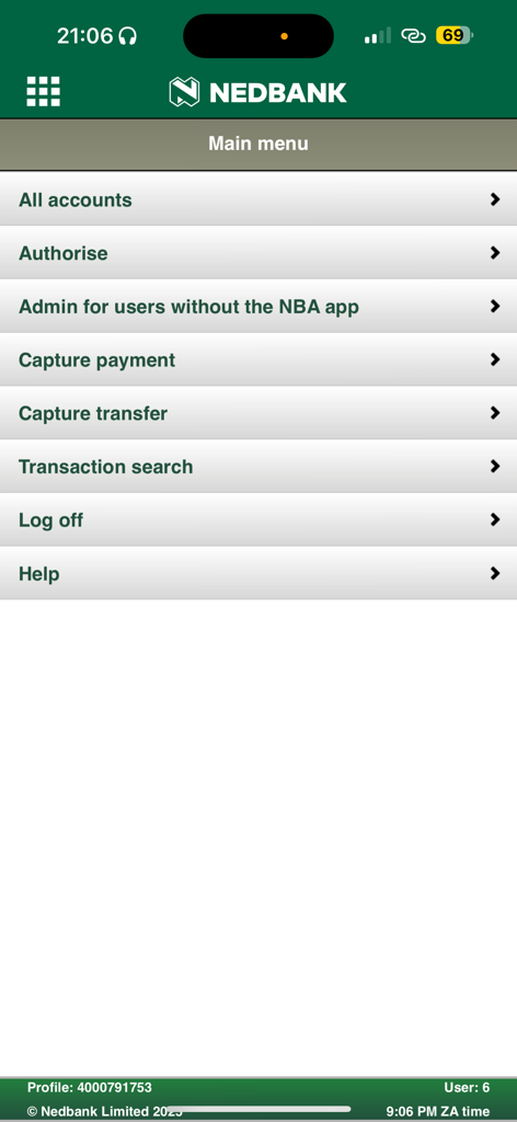 Main menu of the Nedbank AppSuite mobile app displaying business banking options like authorize and capture payment.