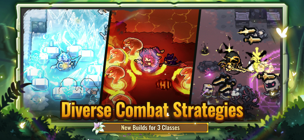 Soul Knight Prequel - Tres clases de personajes demostrando estrategias de combate de hielo, fuego y sombra en Soul Knight Prequel.