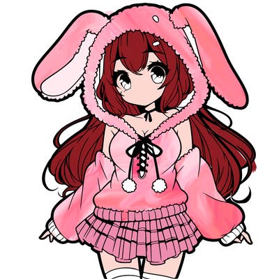 pretty anime girl wearing a fluffy hoodie with bunny ears on the hood and a skirt