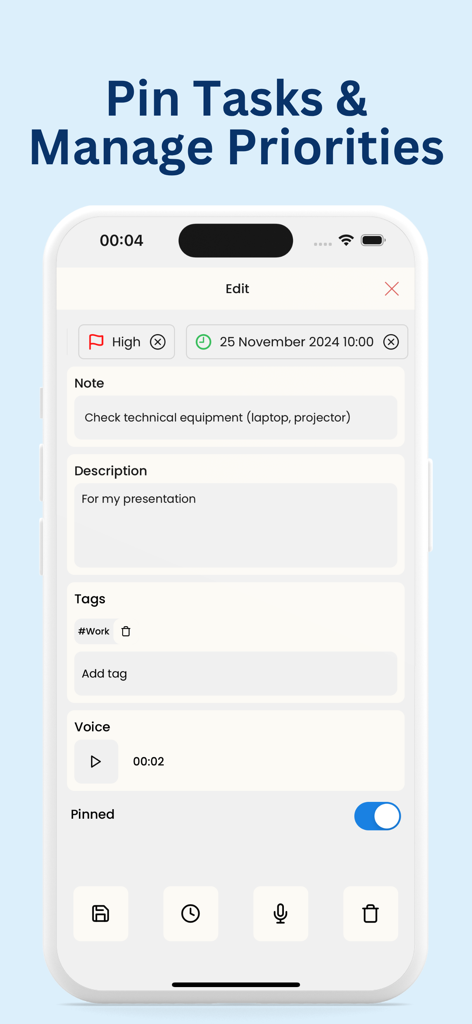 To do List: Task Manager, AI - Bildschirm einer mobilen App, der die Aufgabenbearbeitung mit Prioritätsmarkierungen, Notizen, Arbeits-Tags und einem Schalter zum Anheften der Aufgabe zeigt.