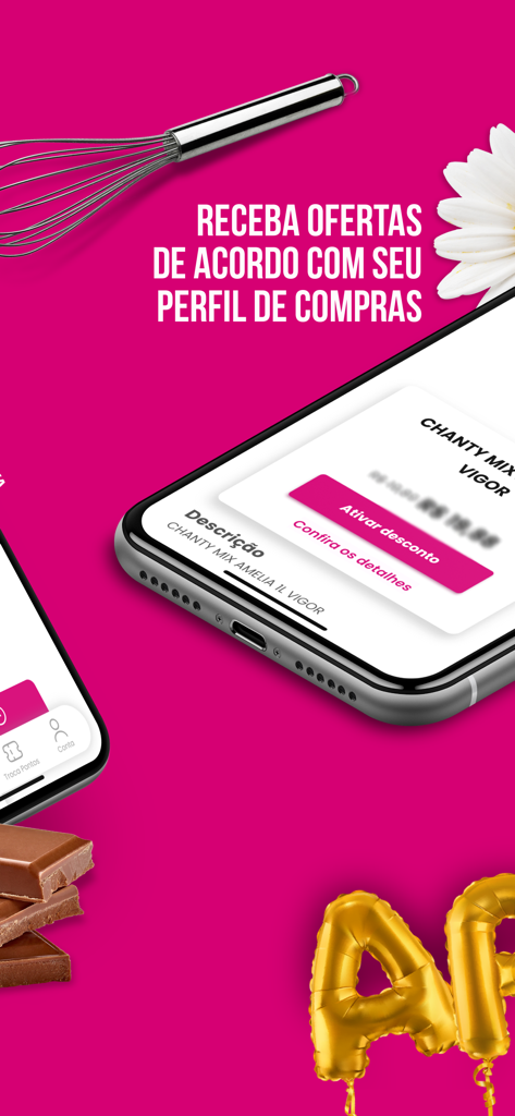 Clube Doce - Smartphone exibindo ofertas de compras personalizadas e botões de desconto no aplicativo Clube Doce.
