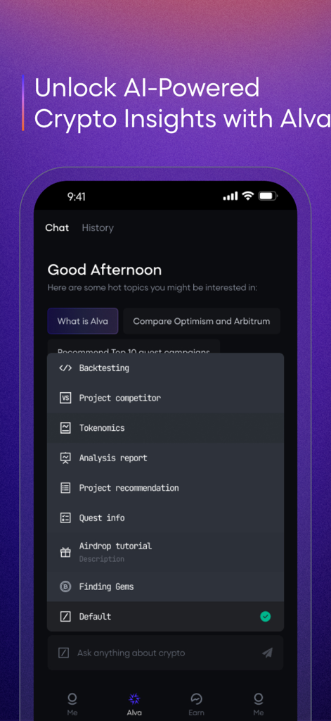 Galxe - Interfaz de la aplicación Galxe mostrando el chat Alva AI para información sobre criptomonedas y análisis de proyectos