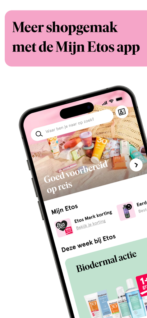 Smartphone zeigt den Startbildschirm der Mijn Etos App mit niederländischem Text und Wellnessprodukten