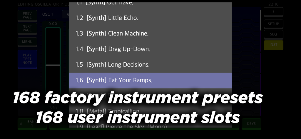 ANILOG - ANILOG synthesizer app screenshot showing a menu of 168 factory instrument presets and user instrument slots