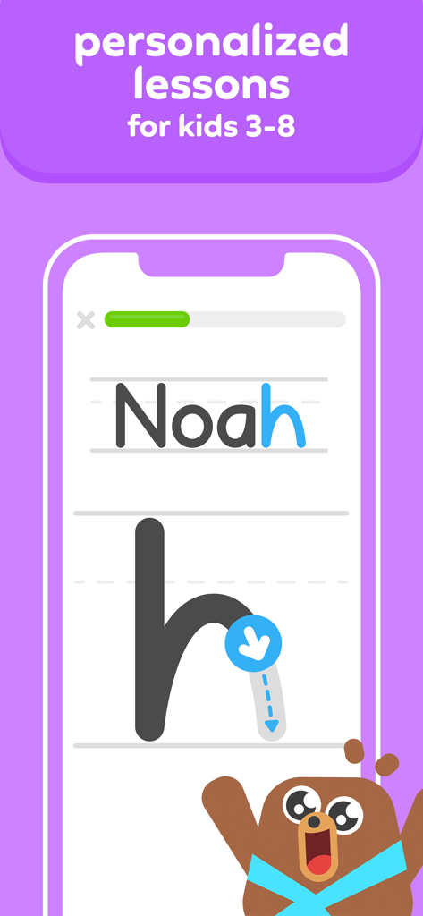Duolingo ABC mobile app screen showing a personalized letter h tracing activity for kids age 3 to 8.