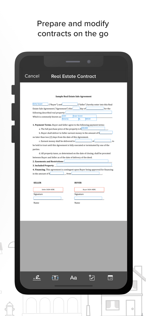 Dotloop mobile app showing a real estate contract with digital fields for signatures and property details on a smartphone screen