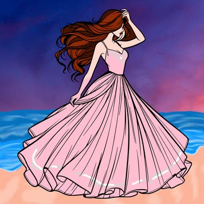 realistic woman with dress flowing in the wind