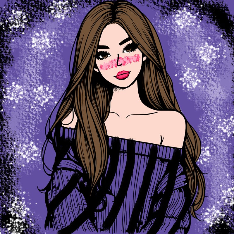 realistic girl with long hair wearing an off the shoulder sweater