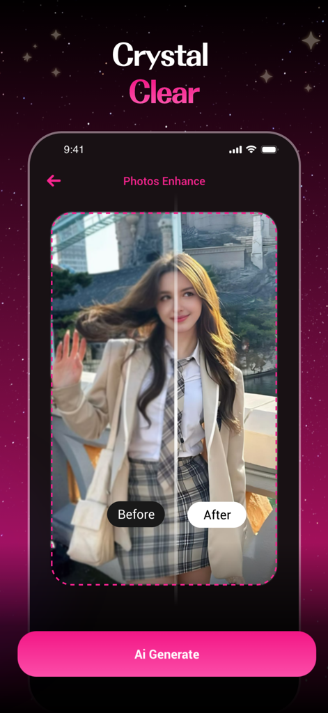 StyleMe: AI Photo & Video - Before and after comparison of a photo using the AI enhancement feature for crystal clear quality.