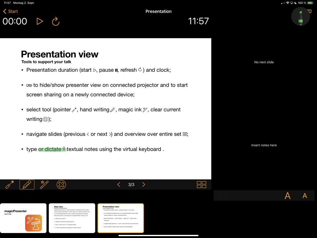 magicPresenter - A visualização inteligente do apresentador do magicPresenter em um iPad mostrando o conteúdo do slide, notas do orador e um cronômetro de apresentação