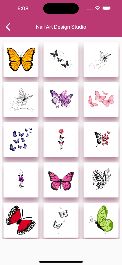 Nail Art Design Studio - Una cuadrícula de coloridos diseños de pegatinas de mariposas para la personalización del arte de uñas en la aplicación.