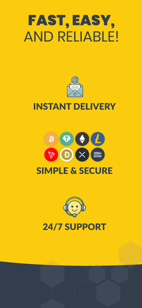 CoinsBee - CoinsBee app highlights showing instant delivery secure crypto payments with 200 plus coins and 24/7 support