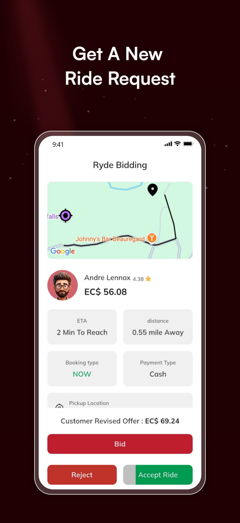 Ryde Dymond Driver - Ryde Dymond Driver 앱 화면에 입찰 옵션 및 운행 세부 정보가 있는 새 운행 요청 표시