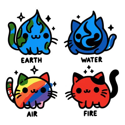 4 cats that represent the different elements, earth, water, air, and fire