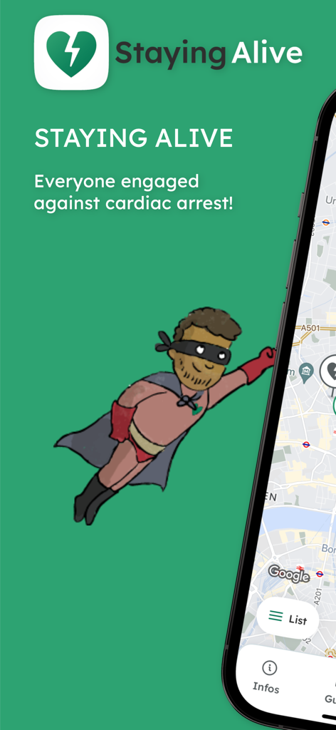 Staying Alive - Staying Alive app screen showing a superhero character and a map for cardiac arrest emergency response