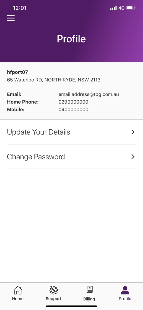 My TPG - Profile screen of the My TPG app displaying user contact information and account settings