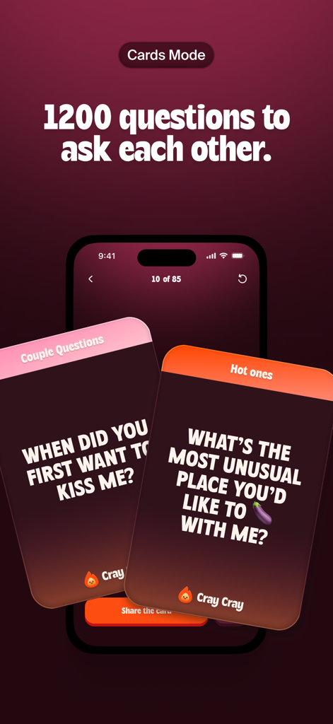 Cray Cray - Couple Game - Cray Cray app interface showing Cards Mode with relationship questions for couples